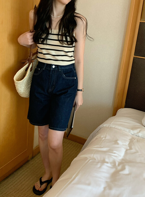 [meet me] loose high waist thin Wide Leg Denim Shorts 7009\ll