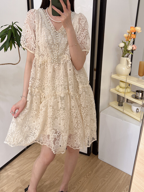 [Feimao (Yimao)] sweet heavy industry pearl bubble sleeve dress ym-4018\lsl