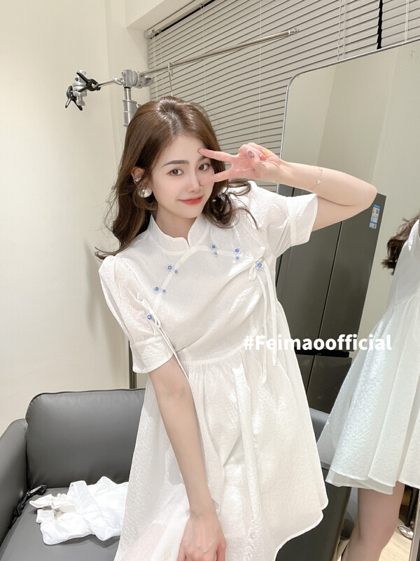 [Feimao Philippine cat] national style dish button bubble sleeve dress ym-4001\lsl