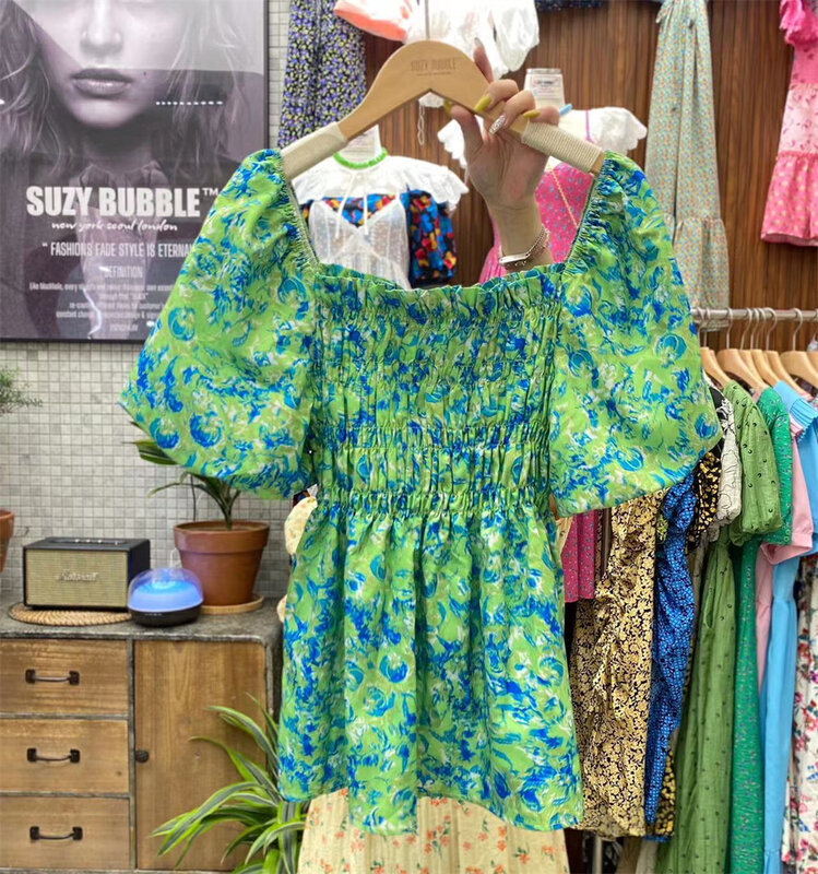 [suzybubble] Vintage square collar waist band floral shirt 1395\wpl