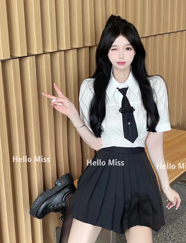 [Hello Miss] casual simple short sleeve versatile shirt (with tie) (excluding skirt) ys1-6266# PCZ
