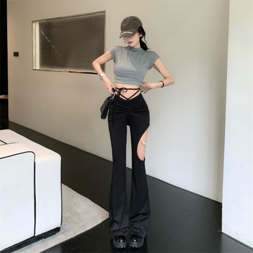 Real shot real price bead chain new high waist pleated lace up micro flare pants design feeling hollow elastic casual pants