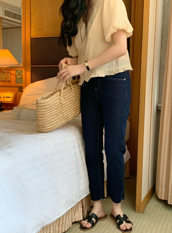 [meet me] design sense high waist thin side split nine point pipe jeans 7011\ll