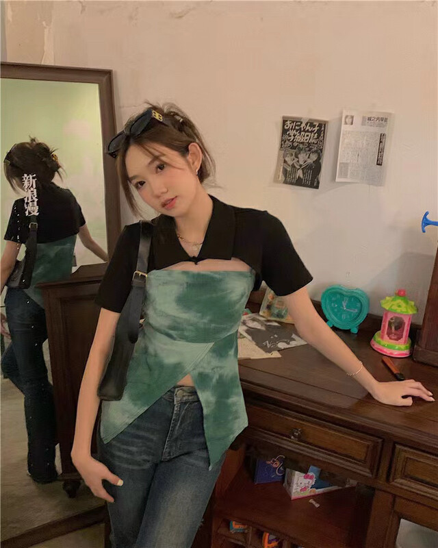 [Fanfan] new Chinese hand tie dyed short sleeve T-shirt + design sense niche cardigan set 0058\zxx