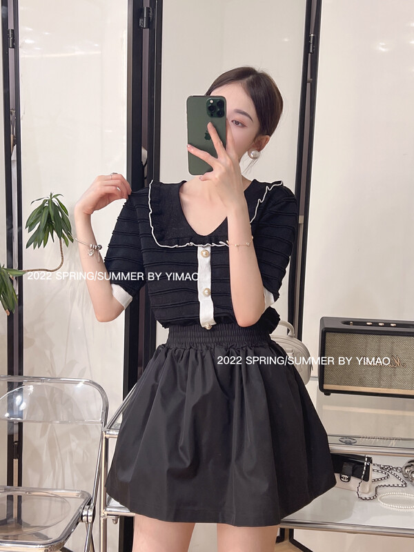 Original price 66.55! [Yimao] small fragrance versatile contrast short sleeve T-shirt ym-80032\lsl