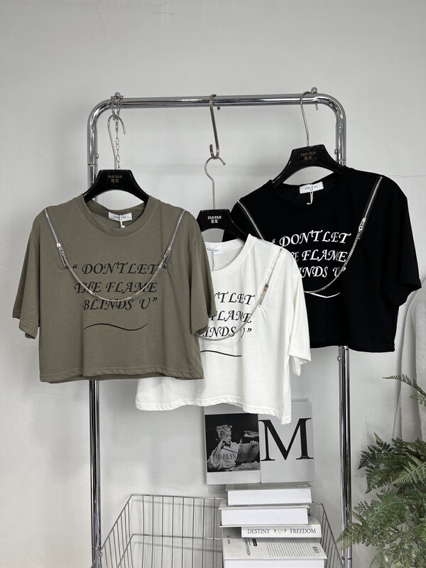 [Fanfan] fashion cool sweet spicy versatile Casual Short Sleeve T-shirt (with chain) 0037# zxx