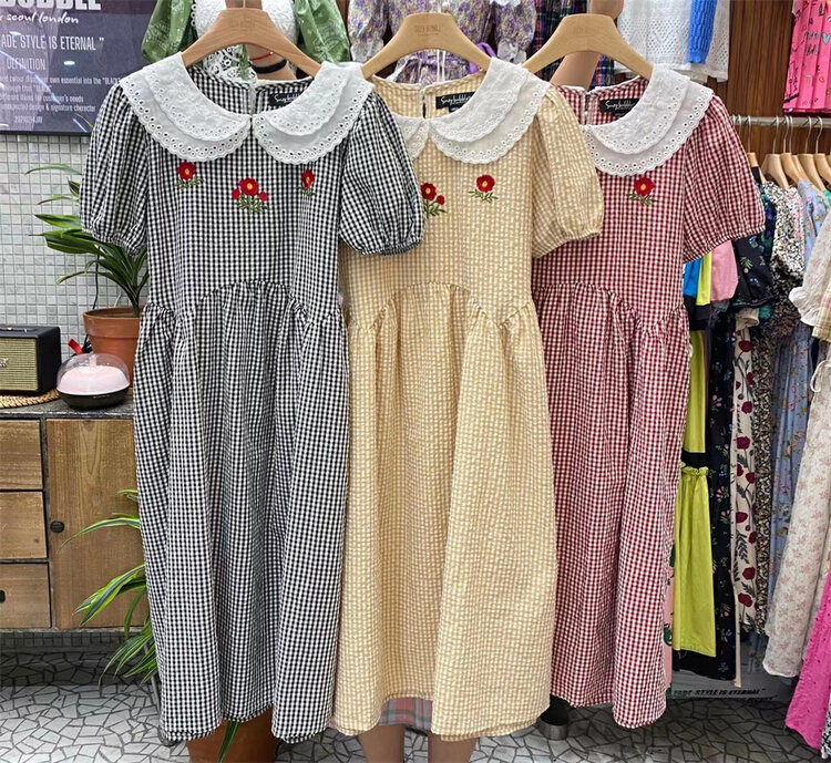 [suzybubble] baby collar embroidered Plaid bubble sleeve waist dress 683\wpl