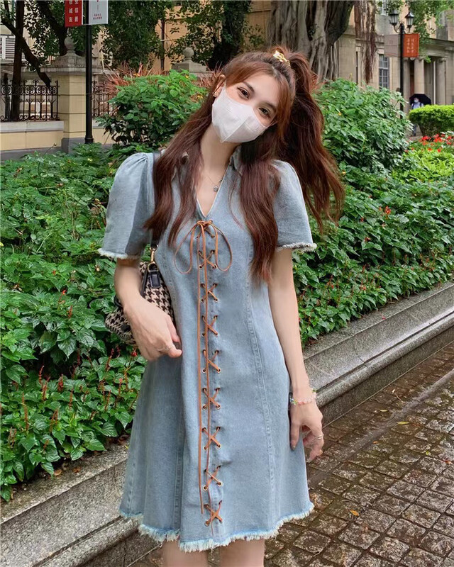 [Fanfan] Summer 2022 new high-end small V-neck bandage medium long quality denim dress 0027\zxx