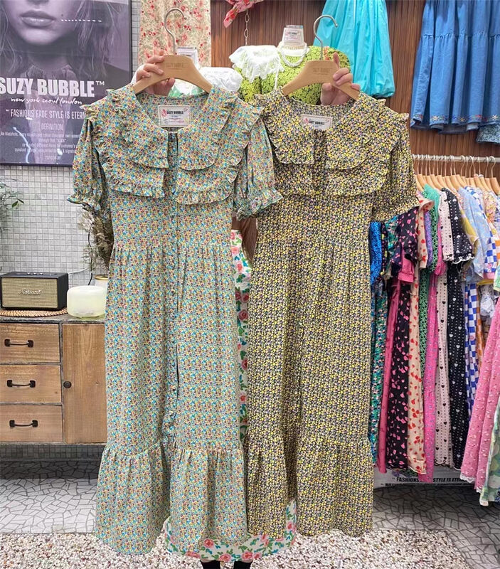 In early summer! [N21] retro fashion large lapel with ear edge design floral dress 740# WPL