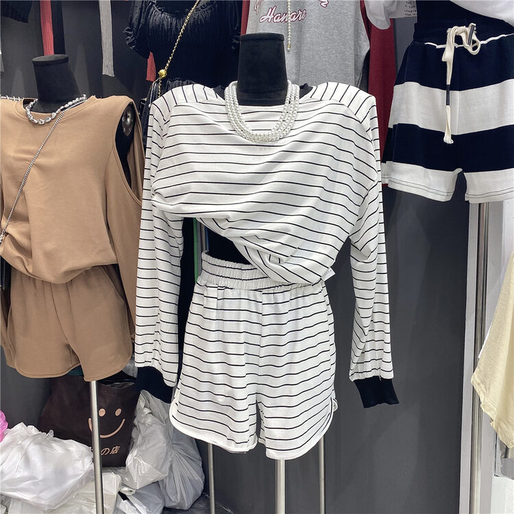 [ajroom] stripe fashion long sleeve T-shirt + simple loose casual pants set 6614\zxl