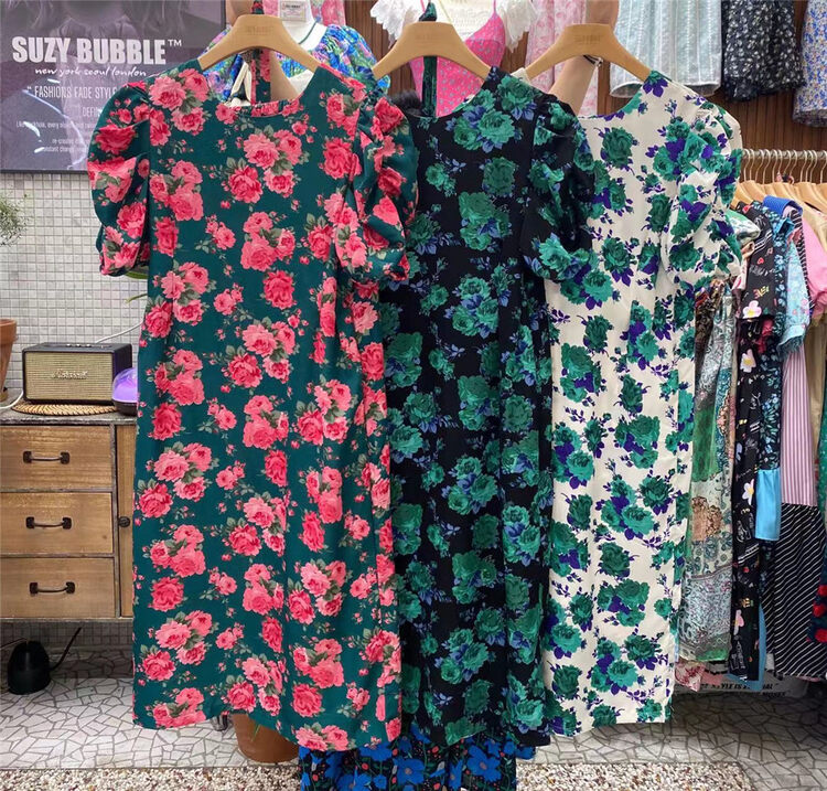 [suzybubble] Korean round neck floral bubble sleeve dress 8869# WPL