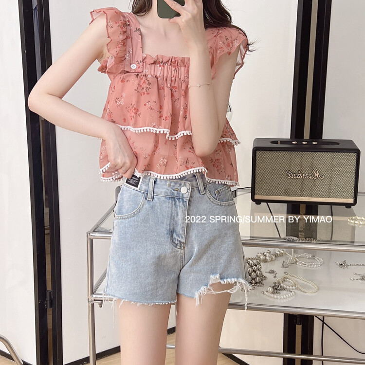 [Feimao (Yimao)] Fashion Square Neck Pullover floral shirt ym-4071\lsl