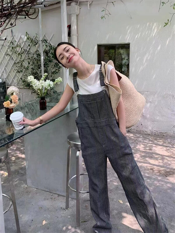 [o not 1] Korean fashion vertical stripe denim suspender n113\lsw