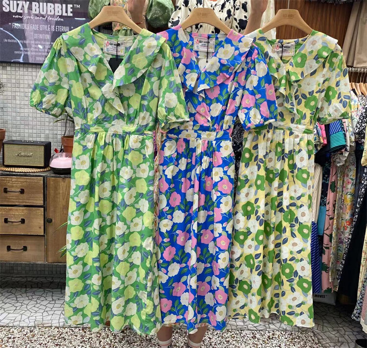 [suzybubble] fresh print waist closing bubble sleeve medium length dress ys1-631\wpl