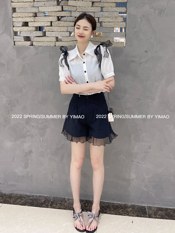 [Feimao (Yimao)] French bow stitched bubble short sleeve shirt ym-8149# LSL
