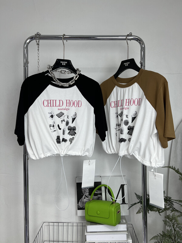 [Fanfan] fashion color block letter design drawstring short sleeve T-shirt (T-shirt only) 261\zxx