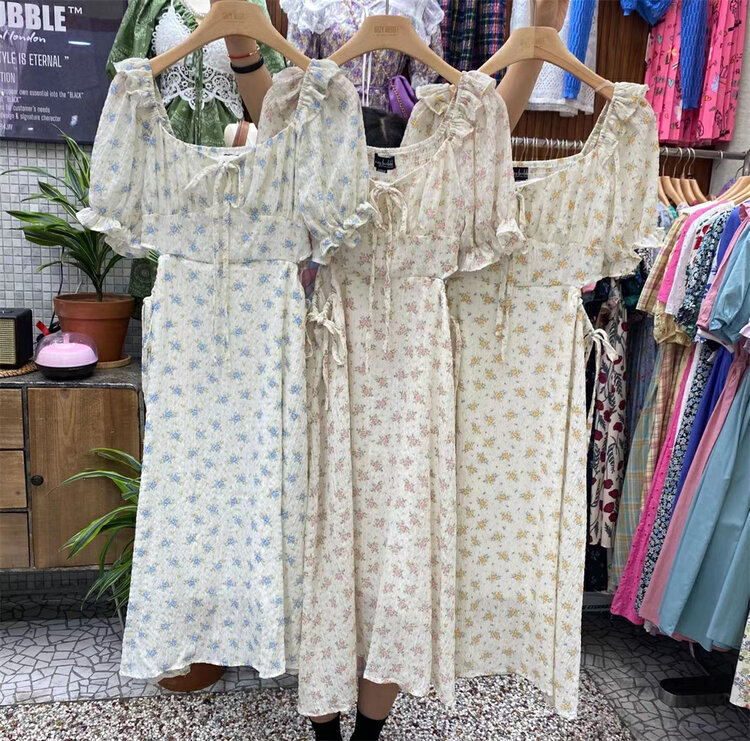 [suzybubble] fresh and simple square neck floral waist dress 26191 \wpl