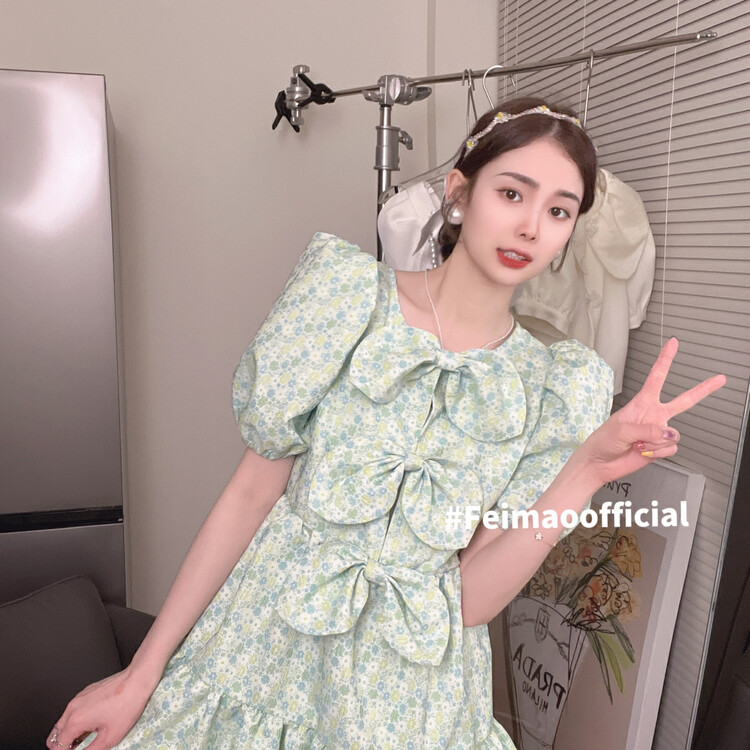 [Feimao Philippine cat] two round neck bubble sleeve bowknot dress ym-7397\lsl