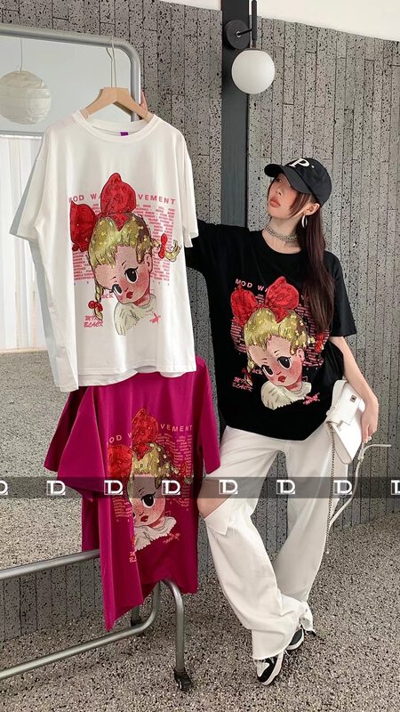 [tangdou original] cute girl Sequin printing trend versatile short sleeve T-shirt 9813\wtt