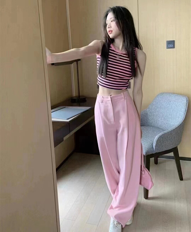 [I do do] STRIPED FASHION Vest + loose straight casual pants set 8170# cqw