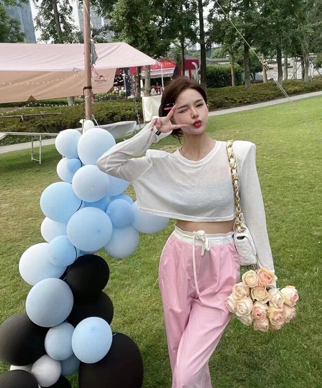 [I do do] simple short long sleeve top + contrast waist casual pants set 8210\jj