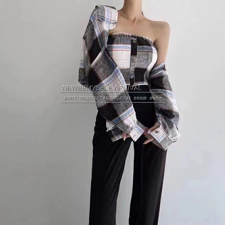 [I do do] casual button up loose color matching shirt + versatile comfortable color matching suspender set 6100# JJ
