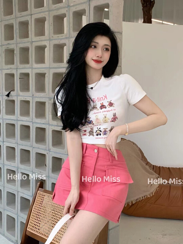 [Hello Miss] round neck printed short sleeve T-shirt + slim skirt two piece set ys1-6510\pcz