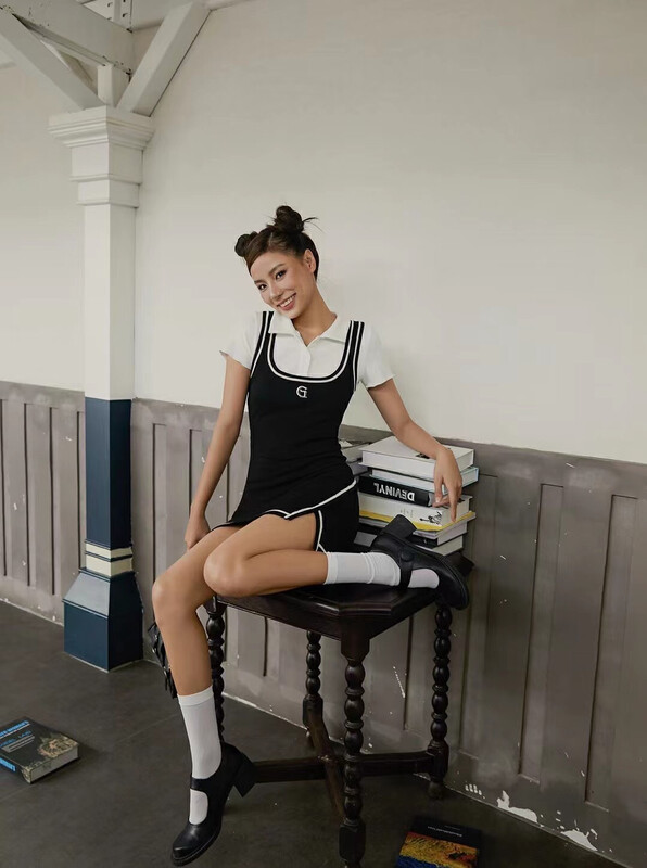[Hello Miss] solid color polo collar Top + letter color contrast slim fitting vest skirt two piece suit 339\pcz