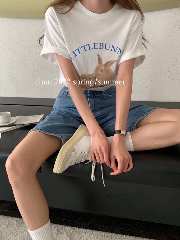 [chuu] Korean cute rabbit letter printed short sleeve T-shirt 61223\hbx