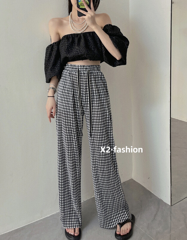 [x2] ice silk pleated Plaid wide leg casual pants 8898\lsl