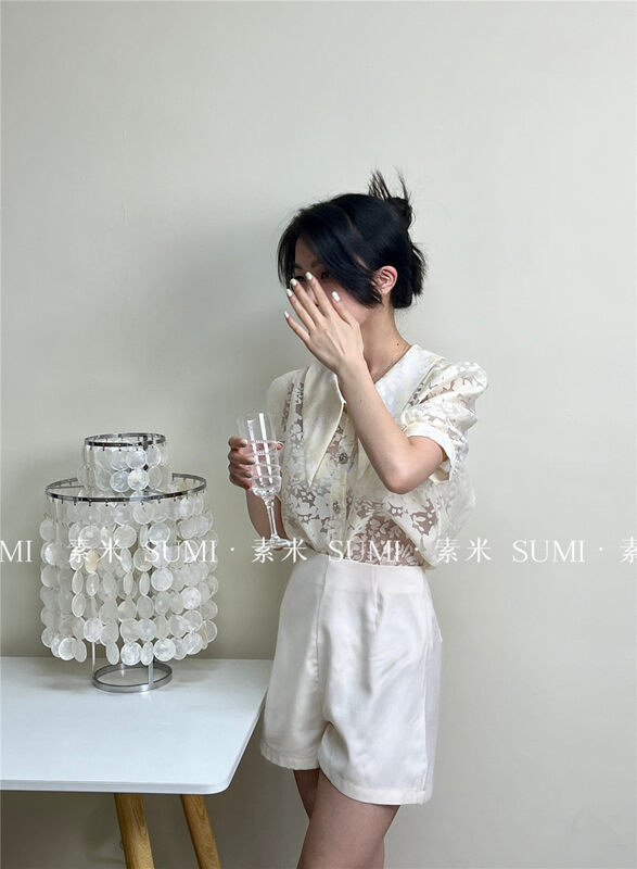 [Sumi] French floral perspective bubble sleeve shirt + high waist slim casual Shorts Set 22707\zjy