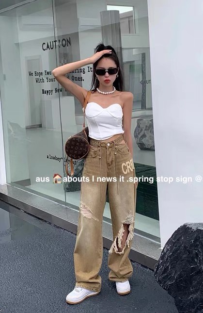 [o not 1] pierced letters fashion high waist hollowed out jeans (with removable decoration) n268# LSW