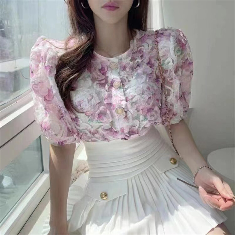 [suzybubble] French retro elegant round neck single breasted printed shirt 0662# WPL