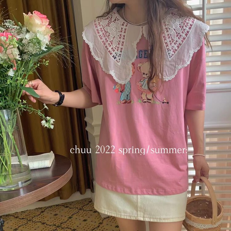 [chuu] lace cartoon printed loose short sleeve T-shirt 61276\hbx