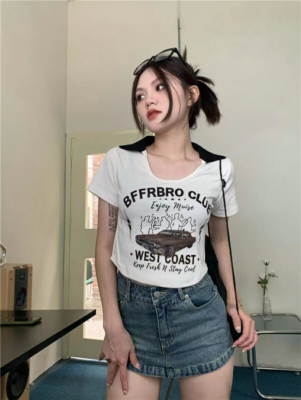 [Fanfan] retro contrast printed short sleeve T-shirt 287\zxx