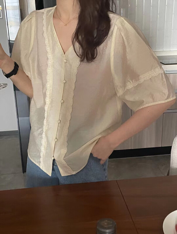 [love] slim temperament lace stitched bubble sleeve lace shirt s1690\hbx