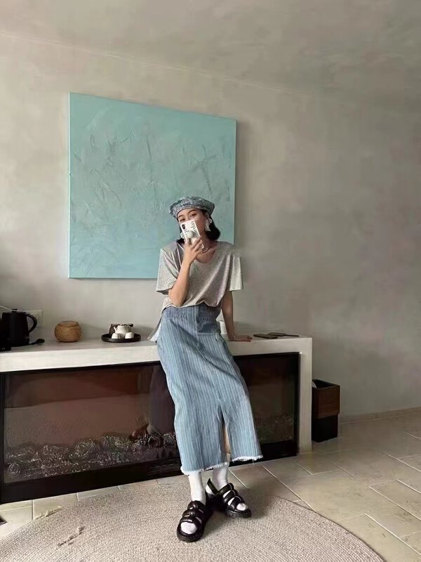 [o not 1] Vintage high waist striped slim skirt n236# LSW