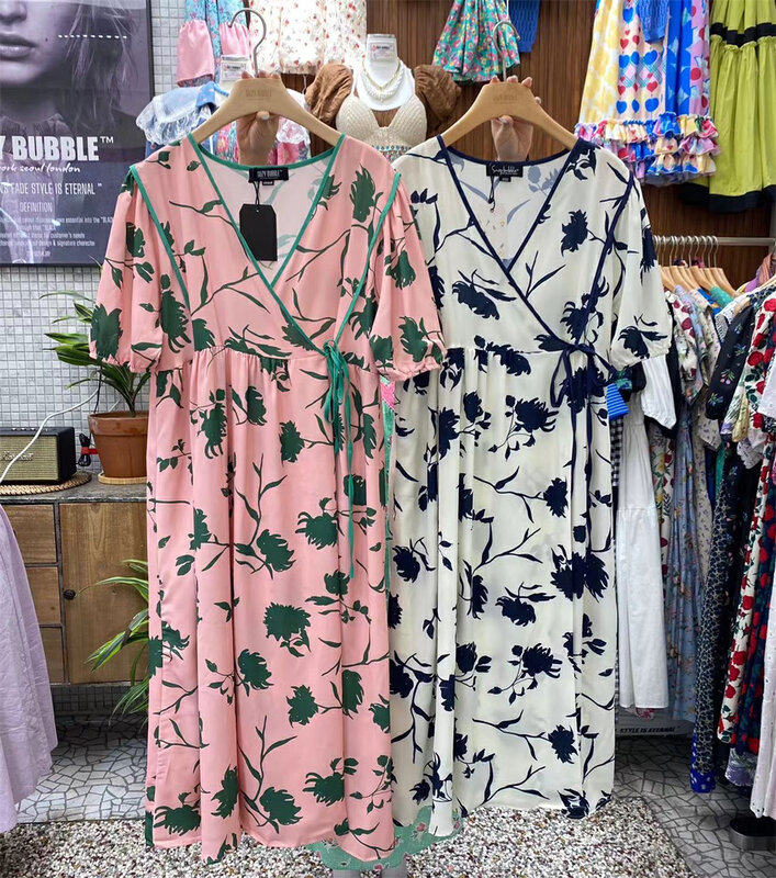 [suzybubble] Vintage V-neck print loose lace up dress 532\wpl