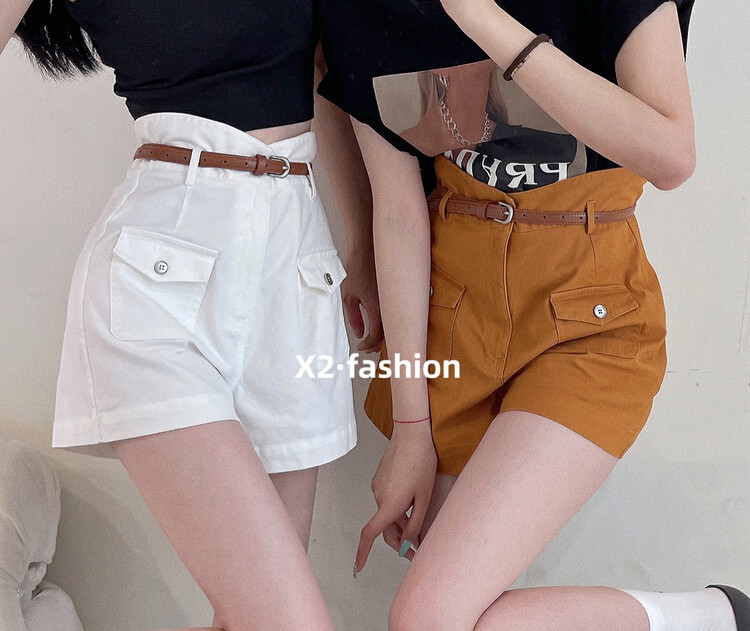 [x2] commuting simple high waist slim casual shorts (with detachable belt) 8881\ozq