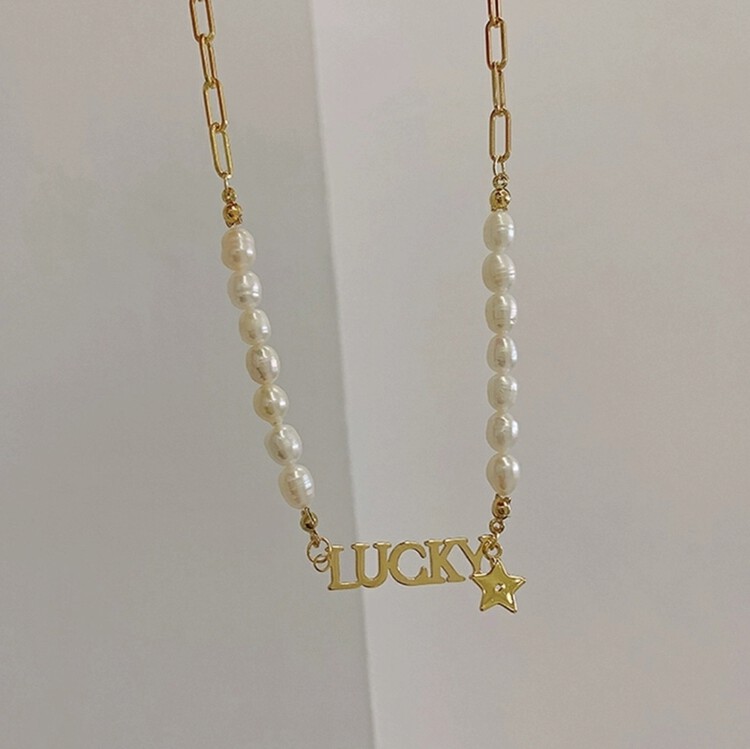 [inside] retro harbor style natural fresh water pearl mosaic letter short necklace x1127\zxl
