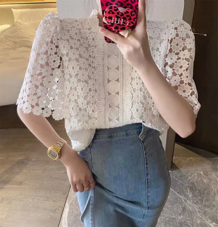 [suzybubble] round neck bubble sleeve hollowed out design shirt 8069# WPL