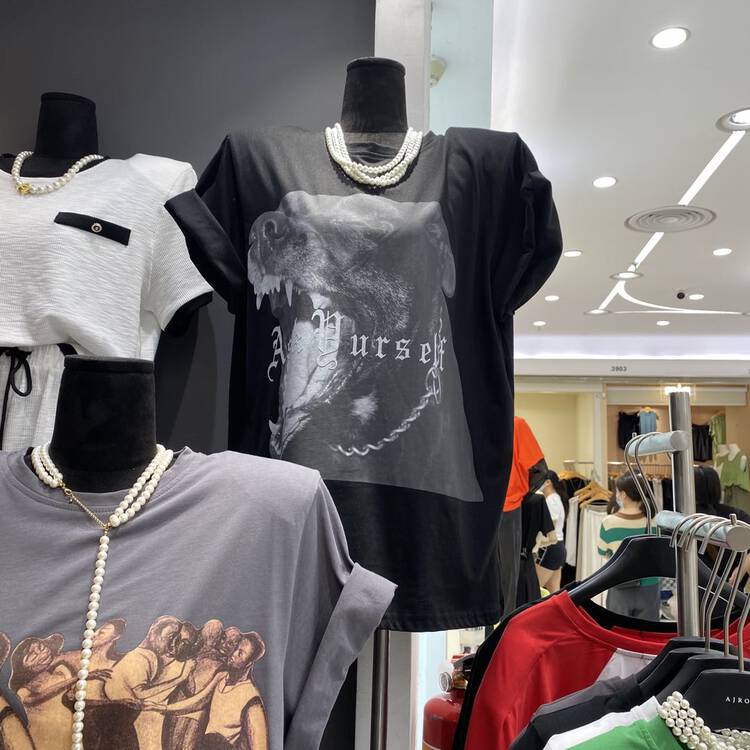 [ajroom] shoulder pad round neck printed short sleeve T-shirt 6607\zxl
