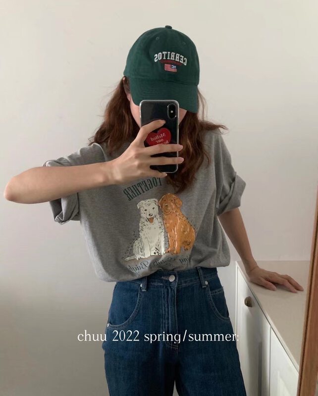 [chuu] round neck loose cartoon printed short sleeved T-shirt 61227# HBx