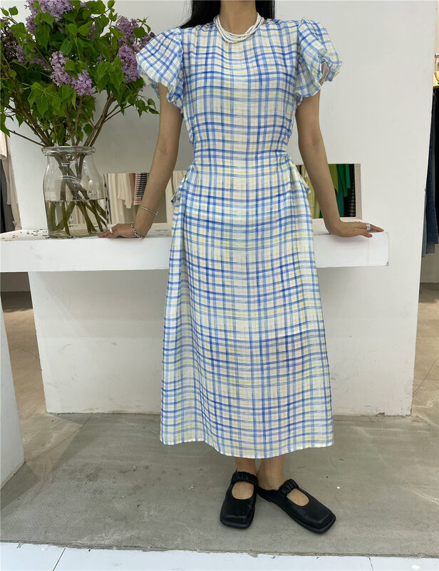 [vi.liu Liu] round neck Plaid medium length open waist dress 60391m\zxx