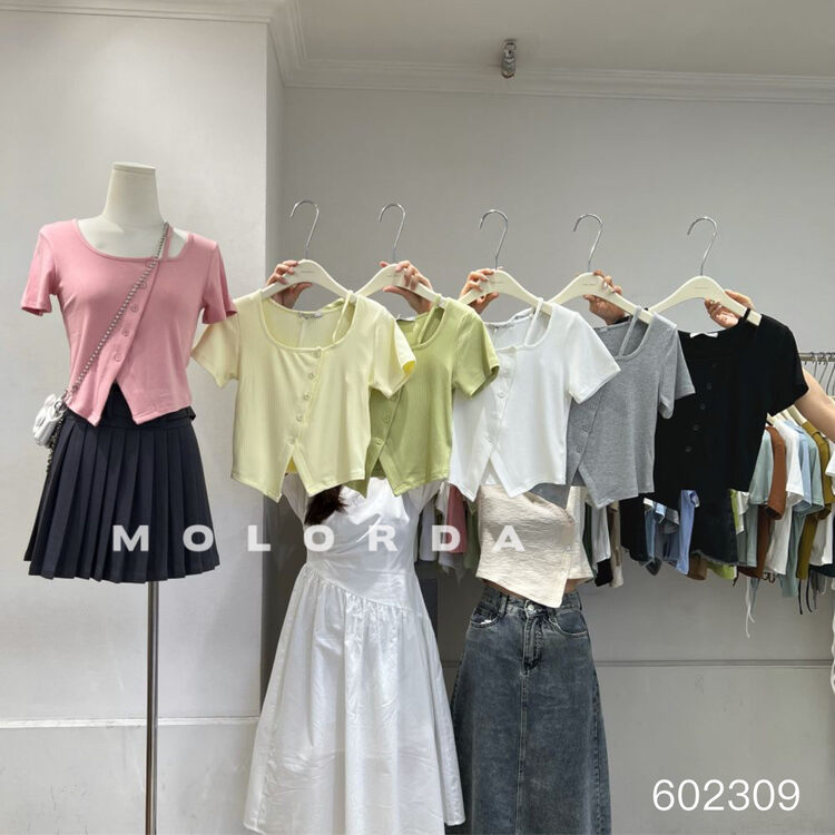 [morada] Spice Girl diagonal placket slit short sleeve T-shirt 602309# XYY
