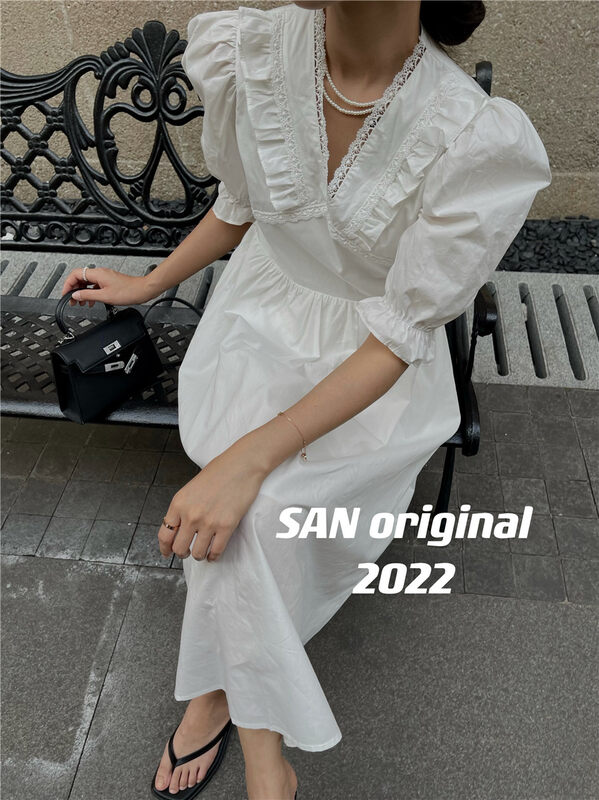 Original price 98.99! [San original] Korean style V-neck bubble sleeve dress 357\ozq
