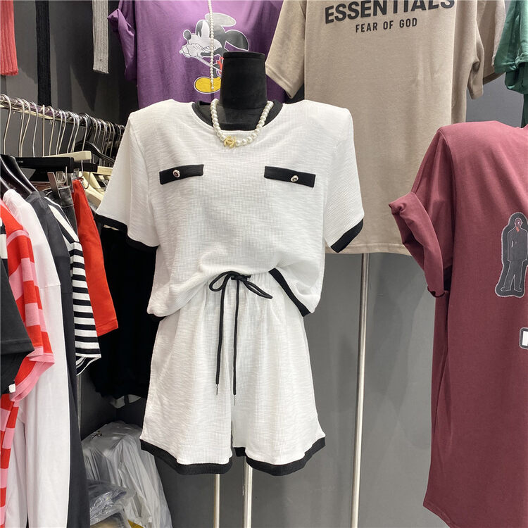 [ajroom] contrast color round neck short sleeve T-shirt + drawstring lace up casual Shorts Set 6603# zxl