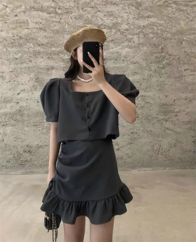 [Sumi] short sleeve button up blouse + high waist slim skirt suit 22711\zjy