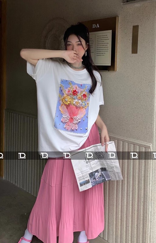 [original by tangdou] heavy industry oil painting nail bead loose short sleeve T-shirt 9811\wtt