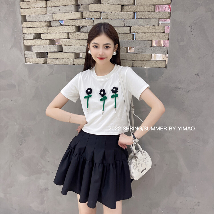 [Feimao (Yimao)] fashion round neck versatile short sleeve T-shirt (non detachable flowers) z-4275\lsl